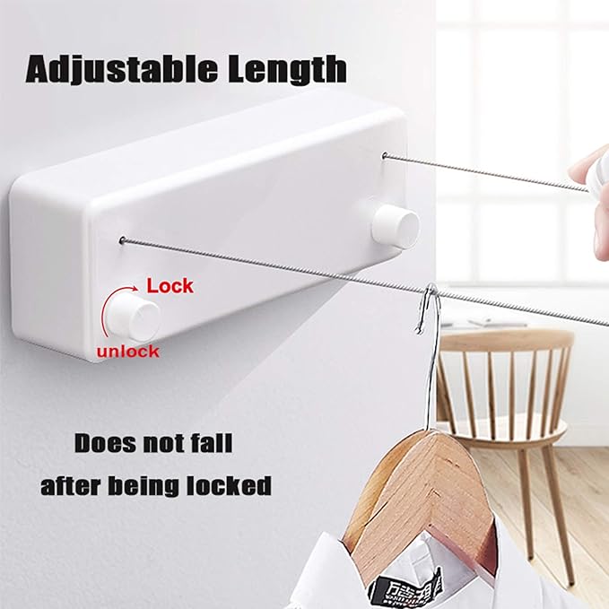 Bakala Retractable Clothesline, Portable Clothes Line Retracting Outdoors, Wall Mounted Double Line with Adjustable Stainless Steel Rope, 13.8 Ft Drying Laundry Line for Balcony, Laundry, Hote l-White