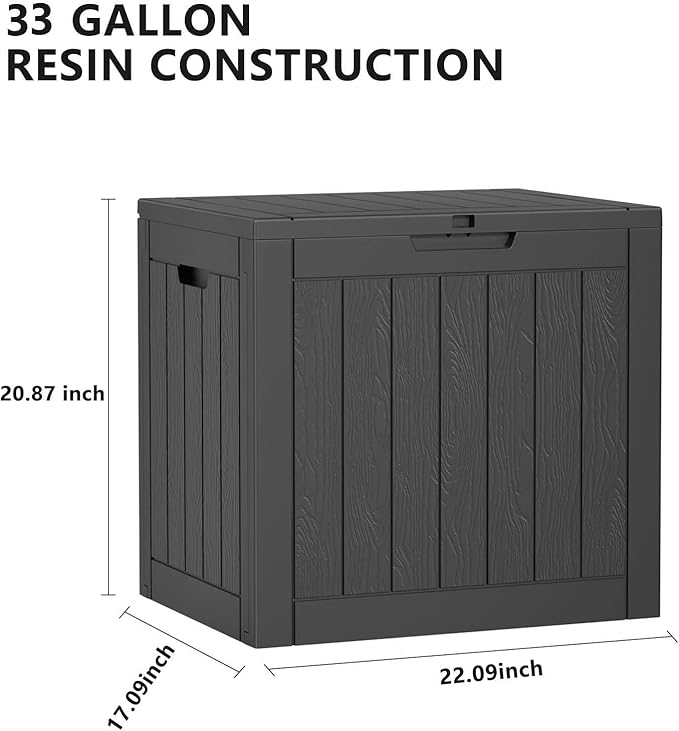 33 Gallon Outdoor Deck Box,Storage Lockable Waterproof Patio Furniture,Garden Tools,Cushions,Pool Accessories Outside Storage Resin Box(Black)