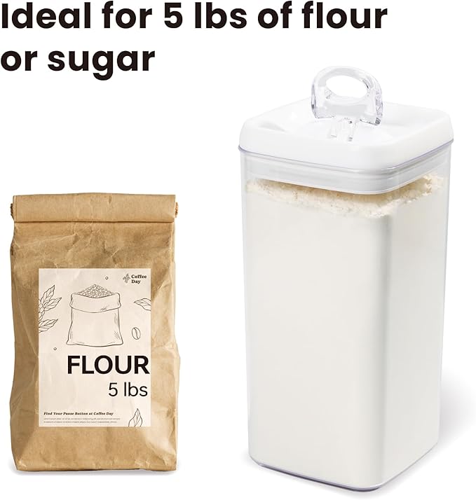 Felli Flip Tite Acrylic Food Storage Container with Lid 6” XL Air Tight Ring Seal Flip Top, Plastic Kitchen Baking Canister for 5 lb Flour Sugar Rice Protein Powder Pantry Organizer (Nest-L, White)