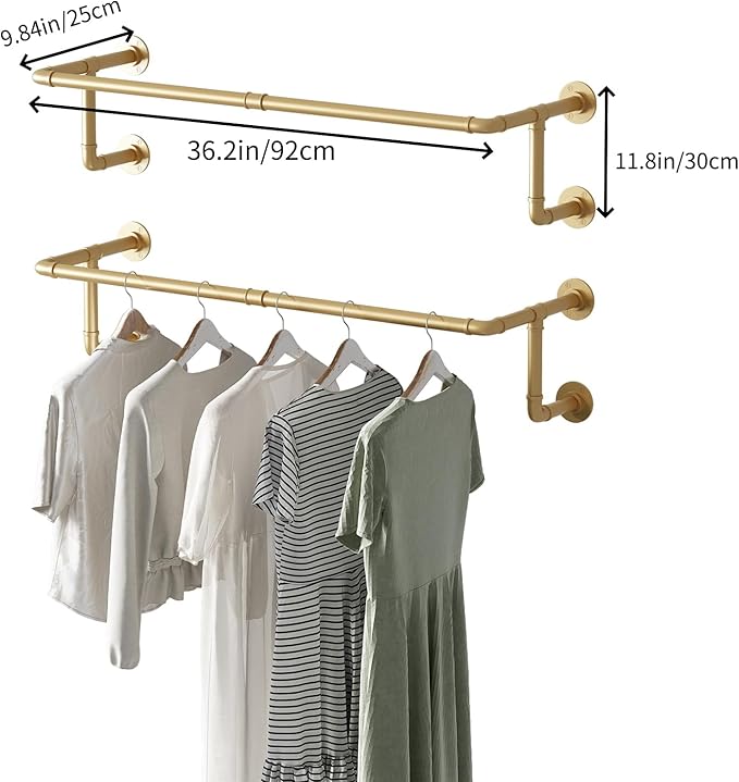 Industrial Pipe Clothing Racks 2 Pack, 36.2In Wall Mounted Clothes Rack, Gold Wall Clothing Racks for Hanging Clothes, Space Saving Closet Hanging Rod for Laundry Room, Bedroom