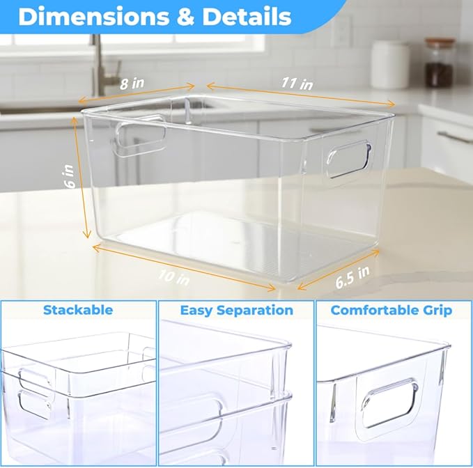 MOONEDGE 4 Pack Open Clear Plastic Storage Bins 11"x8"x6" Stackable Organizer Containers with Handle for Kitchen, Pantry, Fridge, Bathroom,Cabinet,Closet Storage