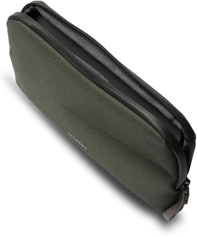 Olive Expandable Desk Storage Pouch – Fold-Down Access Panel, Pen Loop, Recycled Water-Resistant Material – Self-Standing Organizer for Office, Travel, Tech Gear