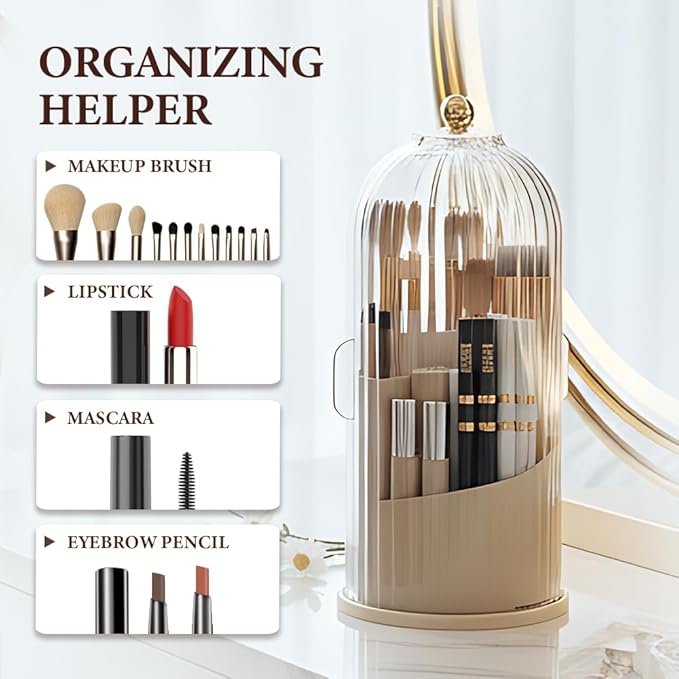 Covered 360° Rotating Makeup Brush Holder, Makeup Organizers with Lid, Clear Cover Brush Holder with Transparent Door Lid for Desktop, No Dust Toothbrush Holders for Vanity and Bath (Clear white)