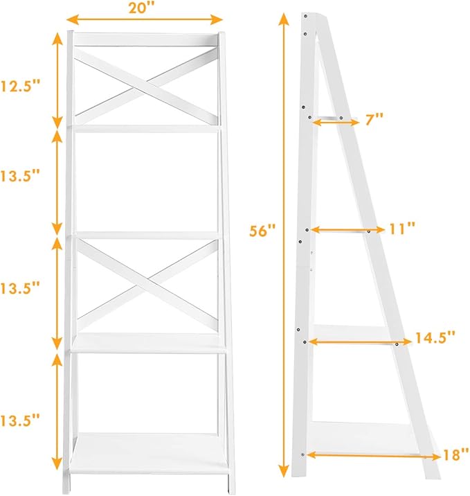 Tangkula 4-Tier Ladder Shelf Bookcase Leaning Free Standing Wooden Frame Decor Bookshelf Storage Flower Shelf Plant Display Shelf for Home Office (White, 1)