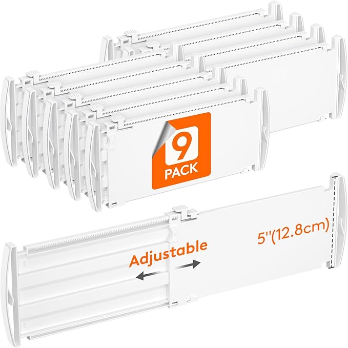 Lifewit 5" Tall 9 Pack Deep Drawer Dividers, 11.5-18.5" Expandable Drawer Divider for Clothes, White Dresser Drawer Storage Organizers, Clothing Drawers Separators for Dresser, Kitchen, Bedroom