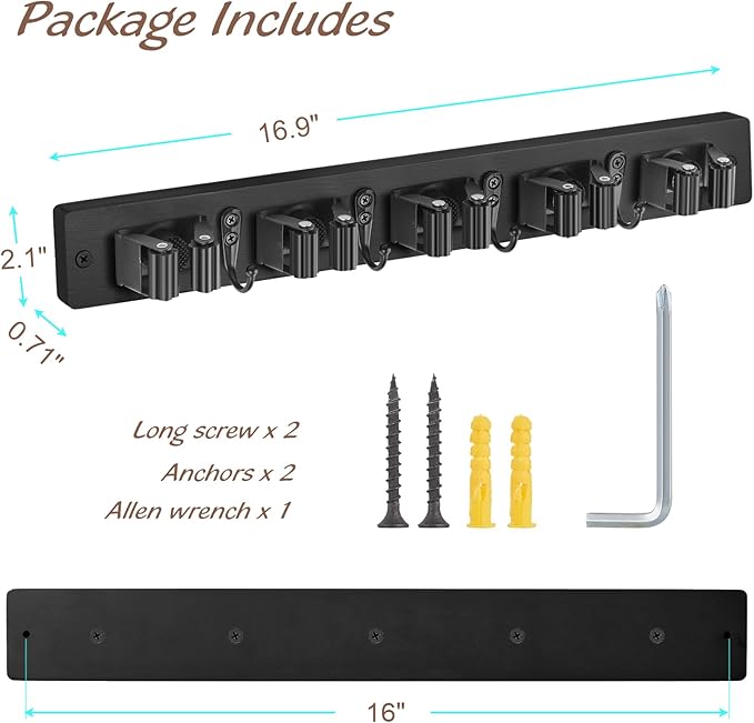 Mop and Broom Holder Wall Mount - Black Broom Mop Hanger - Wall Mounted Garden Tool Rack Organizer for Closet Garage Laundry Room Kitchen Decor With 5 Slots & 4 Hooks