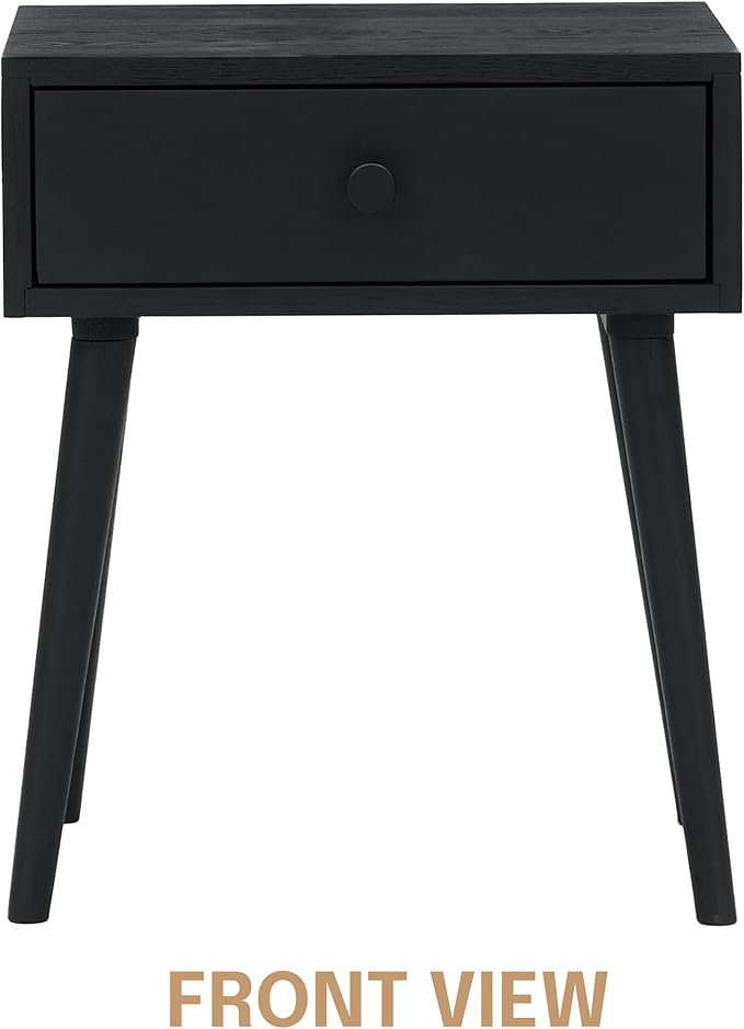 NTC Solid Oak Lux Nightstand with Drawer, Mid Century Modern Side Table Bedroom, Bedside Furniture, Night Stand, End Table, Easy Assembly - Burnt Black
