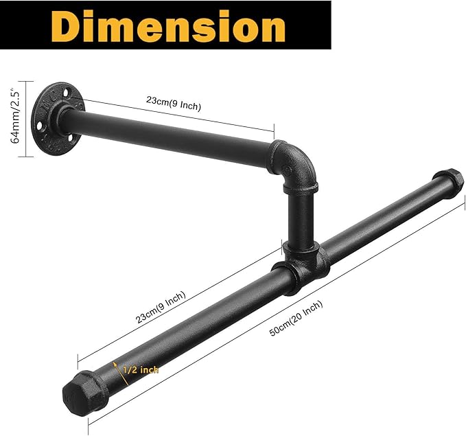 Industrial Pipe Clothes Rack Floating DIY Wall Mounted, Heavy Duty Rustic Vintage Clothing Rod, Metal Garment Bar Space-Saving Hanging for Bedroom, Bathroom and Laundry Room (Black 20 inch)