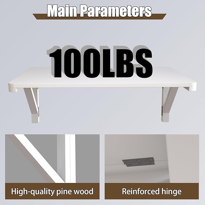 MM MELISEN Wall Mounted Folding Table, 29.5"L x 19.6"W, White, Space-Saving Design