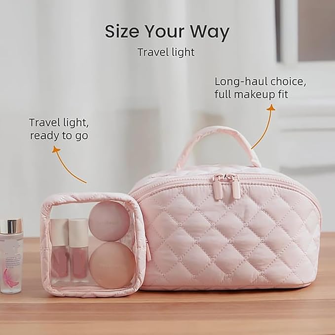2026 New Travel Makeup Bag,Festivalment Wide Open Lay-Flat Water-Resistant Cosmetic Case,Puffy Padded Organizer for Toiletries & Brushes Large Capacity with Compartments