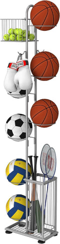 7 Tier Ball Storage Rack, Basketball Holder, Garage Sports Equipment Organizer with Basket & Hooks, Basketball Rack for Indoor/Outdoor, Ball rack for Basketballs Footballs Volleyball, Silver