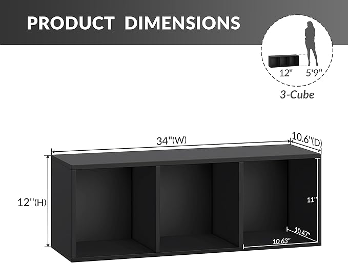 IOTXY DIY Modular Cube Bookcase - CubeXY Customizable Stackable Expandable Basic Shelving Units, 3-Cube Wooden Open Bookshelf for Fabric Storage Bin Organizer, Black