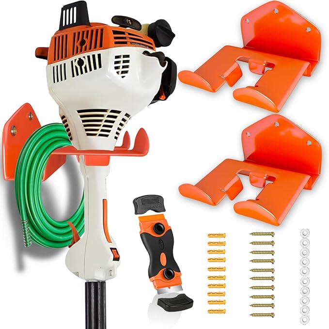 Weedeater Rack 2 Pack Weed Eater Hanger with Advanced Polymer Coating Fully Enveloping the Bracket Provides Scratch-Proof Protection with Razor Blade Scraper Tool for Grass Trimmer Garage Garden Tool
