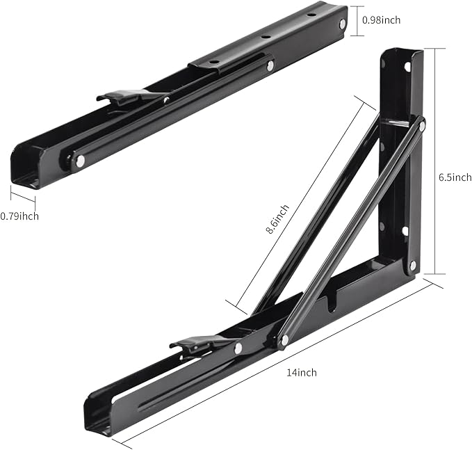 YUMORE Folding Shelf Brackets, 14 Inch Heavy Duty Collapsible Shelf Bracket, Black DIY L Bracket for Workbench Folding Table Hinge, Max Load: 330lb, 2 Pack