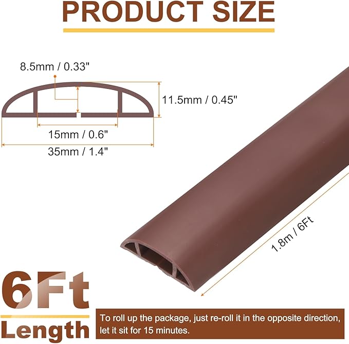 HARFINGTON 6ft Cord Cover Floor W0.6 x H0.33 Inner Channel PVC Hide Extension Cable Floor Wire Hider Wire Covers Protector for Prevent Cable Trips Cables Management, Coffee