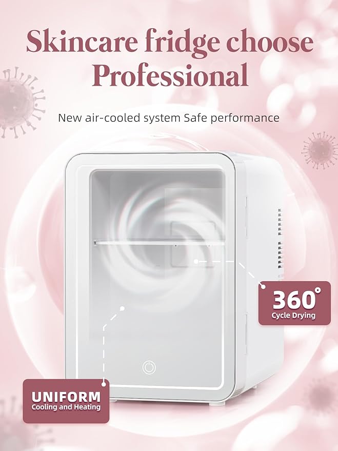 BOGDA Mini Skincare Fridge (4 Liter/6 Can) with Dimmable LED Light Mirror, Cooler and Warmer for Refrigerating Make Up, Skin Care and Food, Portable Mini Fridge for Bedroom, Office and Car, White
