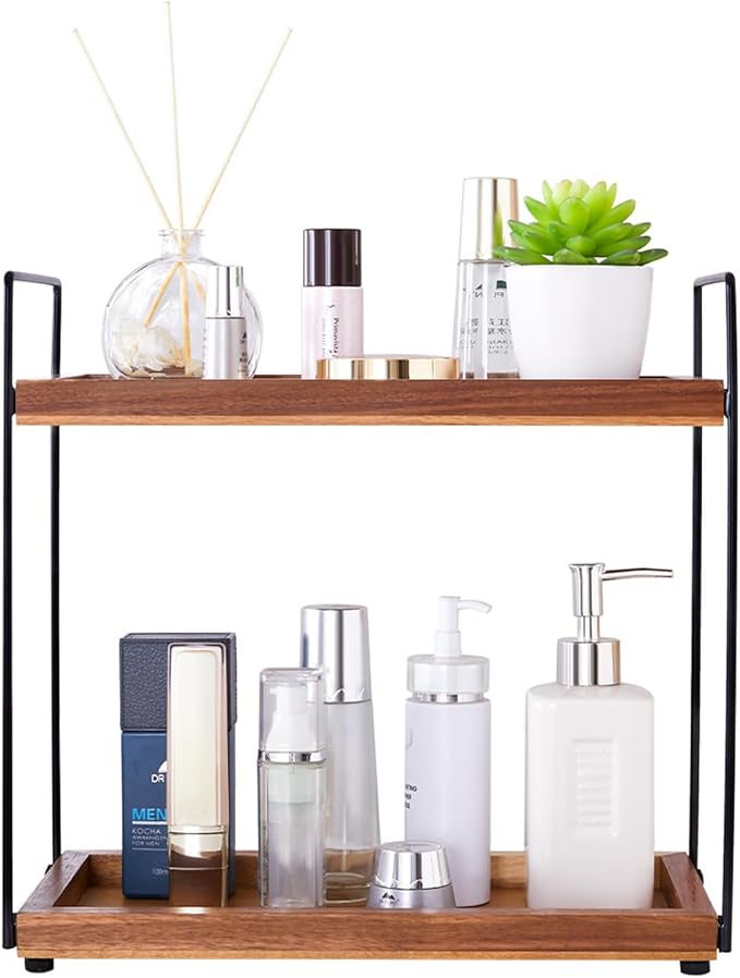 Bathroom Counter Organizer Countertop Storage - 2 Tier Bathroom Countertop Organizers Coffee Bar Organization Acacia Wood Counter Top Organizer Kitchen Spice Rack Vanity Shelf Toilet Vanity Organizers