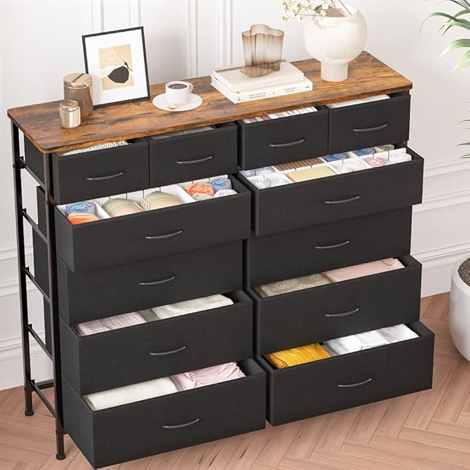 Large Dresser for Bedroom with 12 Deep Drawers, Tall Fabric Drawer Dresser, Chest of Drawers for Closet, Nursery, Living Room, Laundry, Entryway, Hallway (Black)