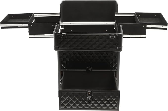 Professional Rolling Makeup Train Case with Lock, 7 Compartments 44lbs Capacity Rolling Nail Case Adjustable Organizer for Makeup Artists, Hairstylists, Pet Groomers (Black)