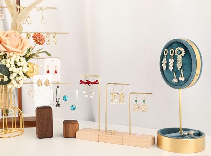 GemeShou 3pcs Beech wooden dangle earring stand holder, hoop earring displays for selling jewelry, mini brass earring hanger【Walnut Stand set-3pcs】