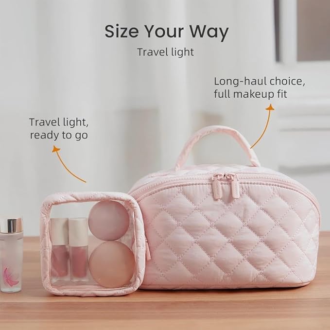 2026 Travel Makeup Bag for Women – 180° Lay-Flat Puffy Cosmetic Organizer with 5 Compartments, Water-Resistant & Machine Washable Makeup Case,Puffy Padded Organizer for Toiletries,Ideal Gifts for Her