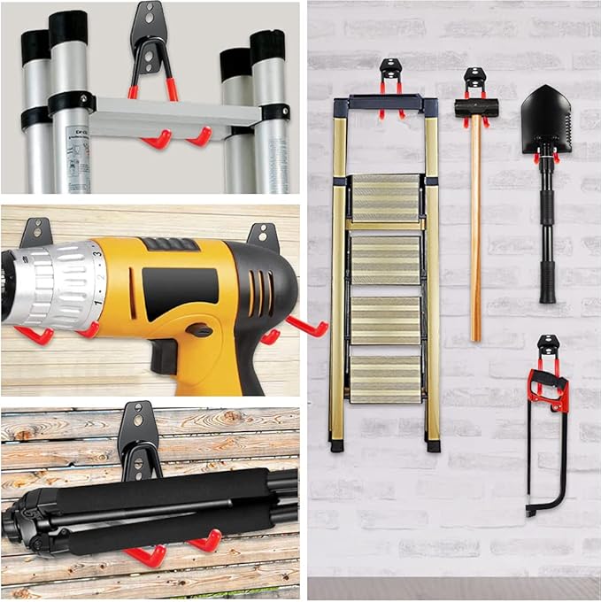 3-H Garage Wall Hooks 10 Pack, Garage Hooks Heavy Duty with Extra Welding Spots, Wall Storage Organizer for Hanging for Garden, Lawn, Yard (Red)