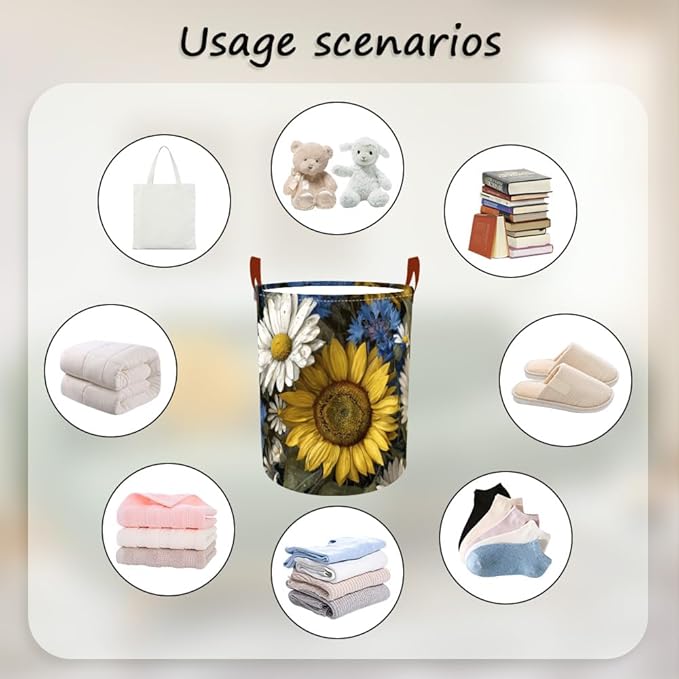 Laundry Baskets 15.7x19.7 Inch Large Vintage Sunflower Daisy Blue Wildflower Design Collapsible Laundry Hamper with Handles Oxford Fabric Clothes Storage Bin Foldable Dirty Clothes for Bedroom