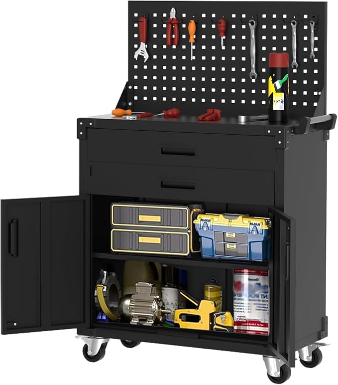 35” Heavy-Duty Rolling Tool Cabinet with Deep Drawers, Locking Casters & Pegboard | Industrial Steel Storage Organizer, Adjustable Shelves, Mobile Workbench for Garage, Workshop, Warehouse