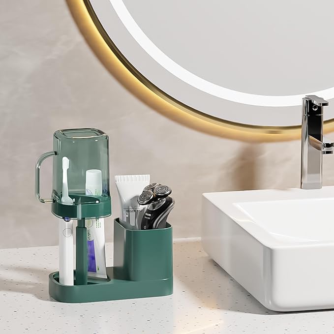 Toothbrush Holder with Cup/Cover Contains 2 Slots, Bathroom Counter Organizer for Electric Toothbrush, Toothpaste, Razors & Small Comb, Tooth Paste Holder for Home Hotel Countertop, Green