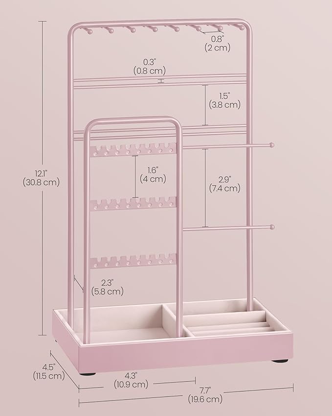SONGMICS Jewelry Holder, Jewelry Organizer, Jewelry Display Stand with Metal Frame, Velvet Tray, Necklace Earring Bracelet Holder, for Studs, Rings, Christmas Gift, Jelly Pink UJJS021R01