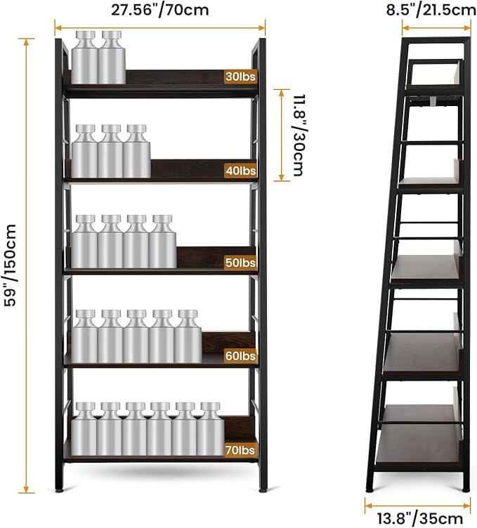 Himimi Industrial Ladder Shelf, Rustic 5 Tier Leaning Bookshelf, Wood Metal Ladder Bookcase, Plant Flower Stand Rack Book Storage Shelves for Living Room, Bedroom, Home Office