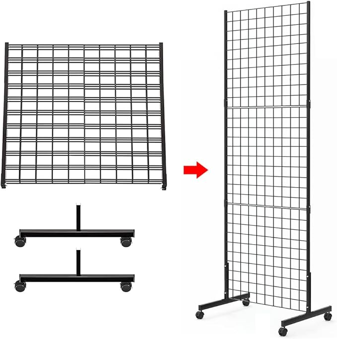 Eastern Tree 1 Pack 2'x 5' Three Pieces Gridwall Panels Stand with T-Base, Black Wire Grid Wall Rack with Wheels, Craft Display Rack, Retail Display Stand, Extra More 8 Pieces Hooks