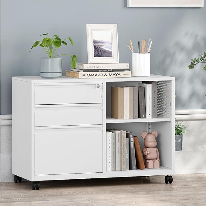 MIIIKO File Cabinet 3 Drawer, White Filing Cabinets with Shelf, Home Office Rolling File Storage Cabinet with Lock, Metal Printer Stand with Casters Office Storage A4, Letter Legal File Folders