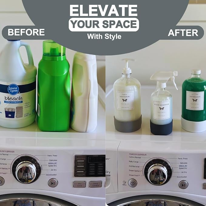 Glass Laundry Detergent Dispenser Set w/Silicone Base, 34 oz Laundry Pump Dispensers x 2, 17 oz Laundry Dispenser x 1 for Liquid Detergent/Stain Remover, Concentrated Laundry Detergent Dispenser