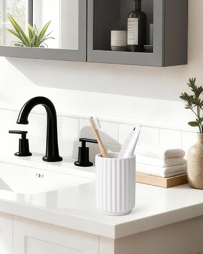 Toothbrush Holder, Tooth Brush Holder for Bathroom - Ceramic Toothbrush Cup Toothbrush Holders Countertop, Stripe Design Makeup Brush Holder Pen Holder, ANTIS'S HOME (White)