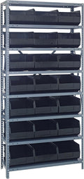 Quantum 1275-425BK Heavy Duty Shelving Unit with (8) Shelves and (21) SSB425 Black Bins for Garage Warehouse Storage Distribution | 400 lb Load Capacity | 12"D x 36"L x 75"H, Galvanized Carbon Steel