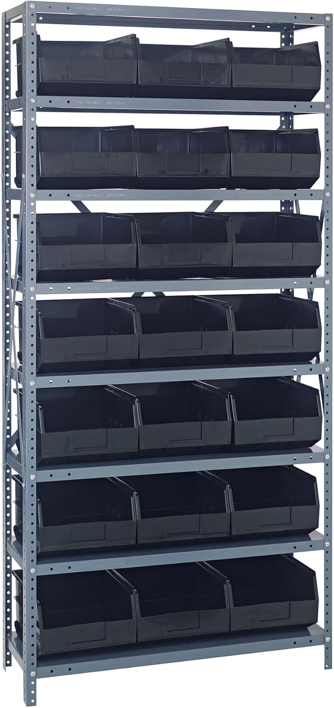 Quantum 1875-465BK Heavy Duty Shelving Unit with (8) Shelves and (21) SSB465 Black Bins for Industrial Warehouse Storage Distribution | 400 lbs Capacity | 18"D x 36"L x 75"H, Galvanized Carbon Steel