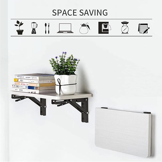 YUMORE Folding Shelf Brackets, 8 Inch Heavy Duty Collapsible Shelf Bracket, Black DIY L Bracket for Workbench Folding Table Hinge, Max Load: 300lb, 2 Pack