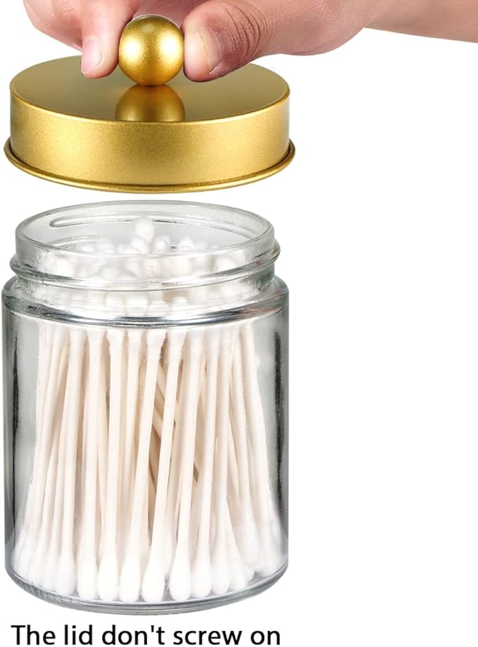 Amolliar 6Pc Apothecary Jars Bathroom Vanity Organizer- Rustic Farmhouse Decor Storage Canister with Stainless Steel Lids- Qtip Dispenser Holder for Q-Tips,Cotton Swabs,Rounds,Ball,Flossers (Gold)