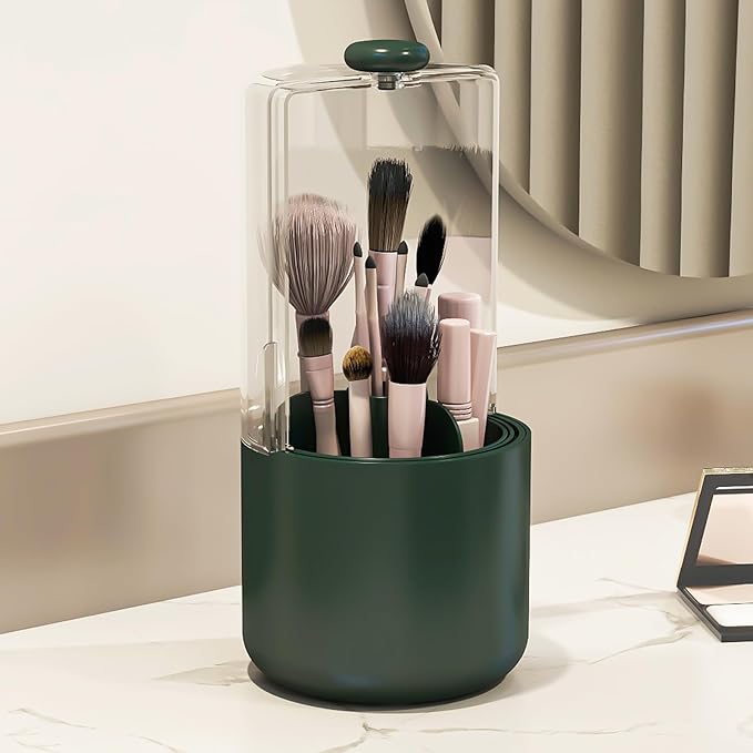 Makeup Brush Holder with Dustproof Cover, Clear 360 Rotating Make Up Brushes Organizer for Counter Vanity Bathroom, Olive Green