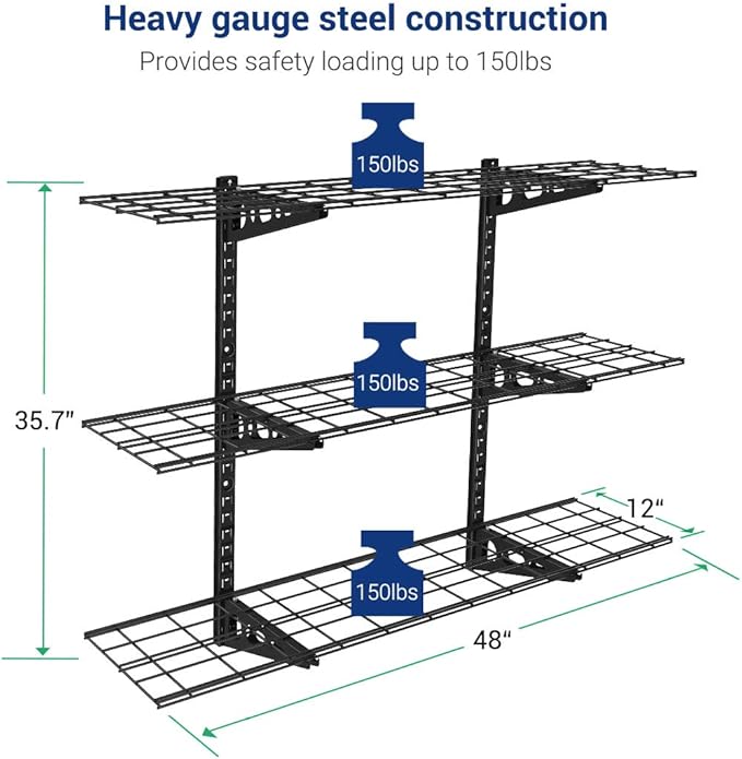 FLEXIMOUNTS 3 Tier 1x4ft Garage Storage Wall Shelving, 12x48inch per Shelf Height Adjustable Floating Shelves, 450lbs Total Weight Capacity, Black, Classic Series