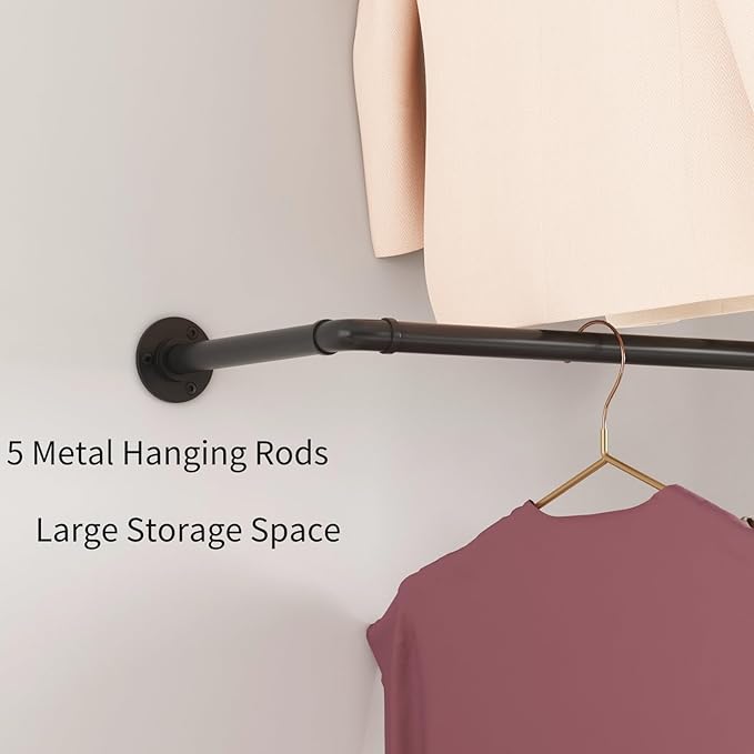 Industrial Pipe Clothing Racks with 5 Hanging Rods, Industrial Clothes Racks Wall Mounted, Heavy Duty Black Pipe Clothing Rack, Metal Closet Rods for Hanging Clothes