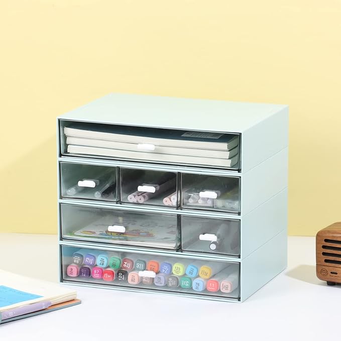Desk Craft Organizer and Storage with 7 Flat Drawers, Stackable Plastic Desktop Accessories & Workspace Organizer for Office Stationary, Makeup Skincare, Sanitation Supplies, Blue