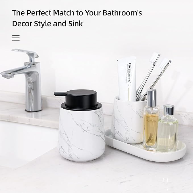 BosilunLife Marble Bathroom Accessory Set - 3 pcs Ceramic Bathroom Soap Dispenser Set Farmhouse Bathroom Counter Decor Set Accessories, Soap Dispenser and Toothbrush Holder, Tray