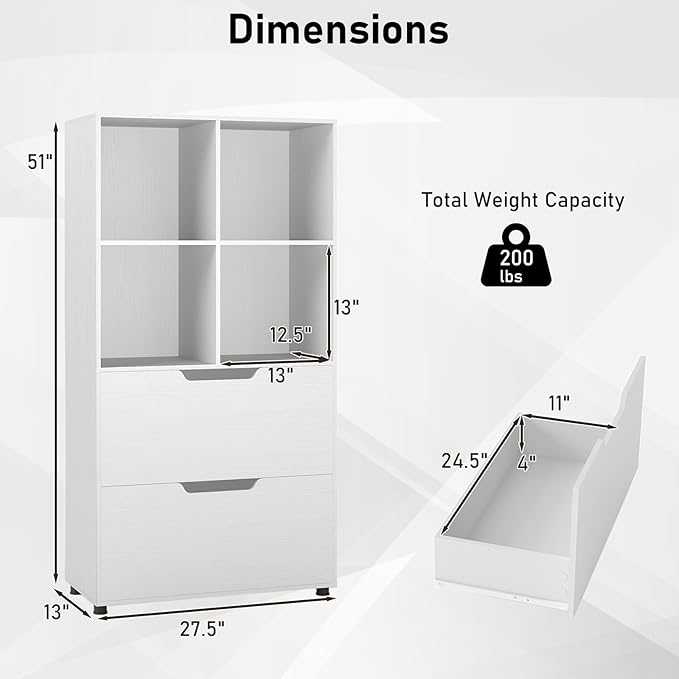 Giantex Bookshelf with 4 Cubes & 2 Drawers, 51” Tall Floor Bookcase with Anti-tip Kits, Freestanding Display Rack Storage Organizer for Study, Living Room, Home Office (White)