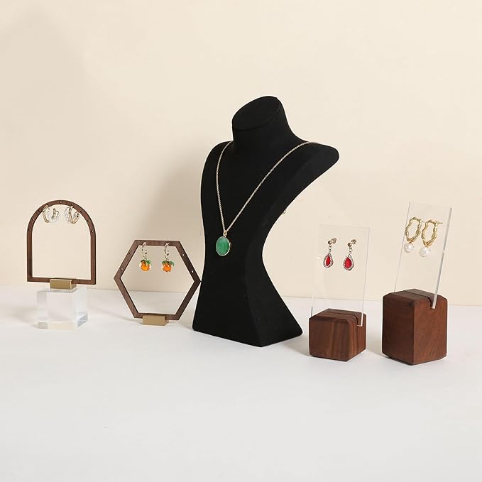 GemeShou Black necklace storage hanger stand jewelry organizer, Velvet jewelry stand necklace holder, jewelry mannequin bust for necklaces, jewelry bust display stands【Black-Medium height 9.25 inch】