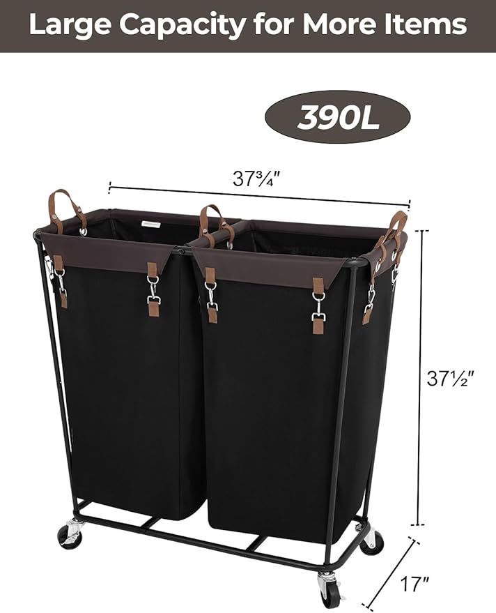 StorageWorks 390L Extra Large Lanudry Hamper with Wheels, Laundry Basket with Wheels 2 Sections, Clothes Sorter Cart with Divider for Hotel, Home, Black, 1-Pack
