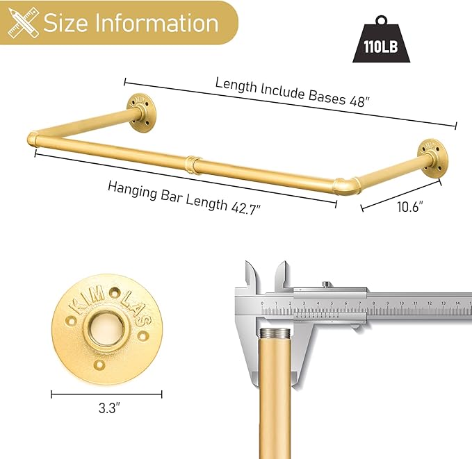 48” Gold Wall Mounted Clothes Rack, Industrial Pipe Iron Garment Bar, Heavy-Duty Detachable Clothing Rod, Multi-Purpose Metal Wall display Hanging Pole for Closet Storage, Laundry Room 2 Base