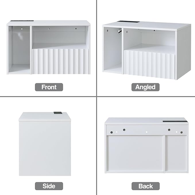 Modern Matte White Fluted Floating Nightstand with Charging Station, NightStand with Drawers, Bedside with USB Ports and Outlets, Bedroom Furniture(Left)