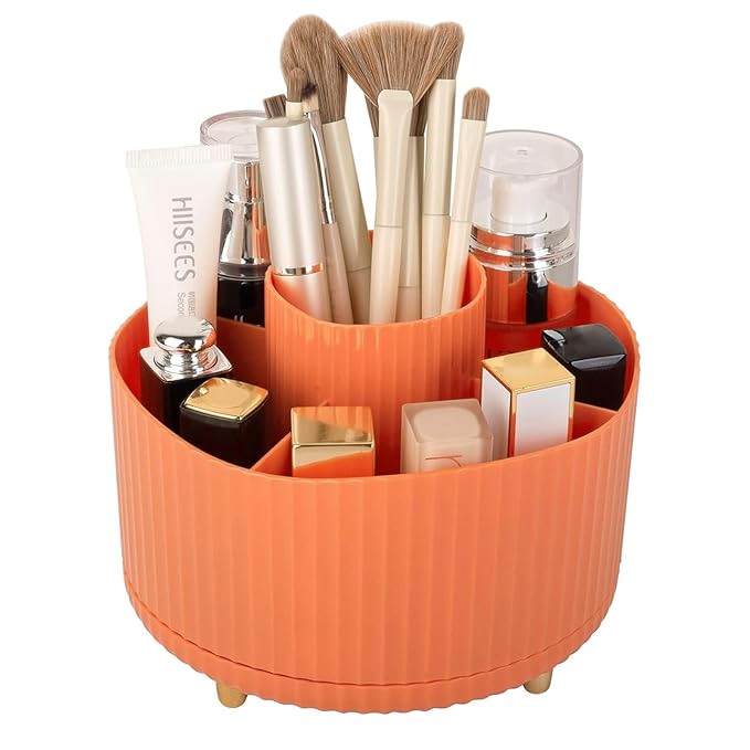 Anyoifax 360° Rotating Makeup Brush Holder Organizer, Make up Brushes Cup for Vanity, 5 Slot Spinning Makeup Organizers for Cosmetics, Lipstick, Pen, Orange